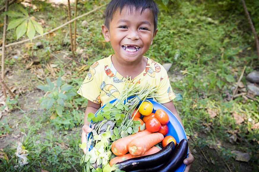 A boy is holding a blue basket full of nutritious vegetables. (Philippines, 2022)